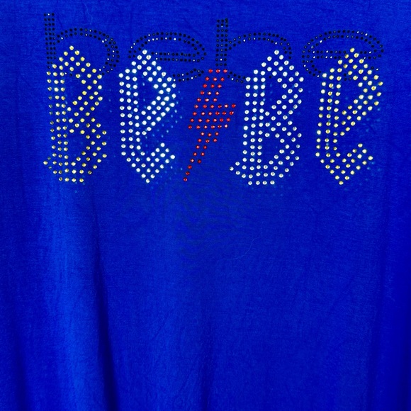 Bebe Blue Short Sleeve Tee W/ BEBE In Rhinestones In AC/DC Pattern, NWOT, Size L - Picture 5 of 10